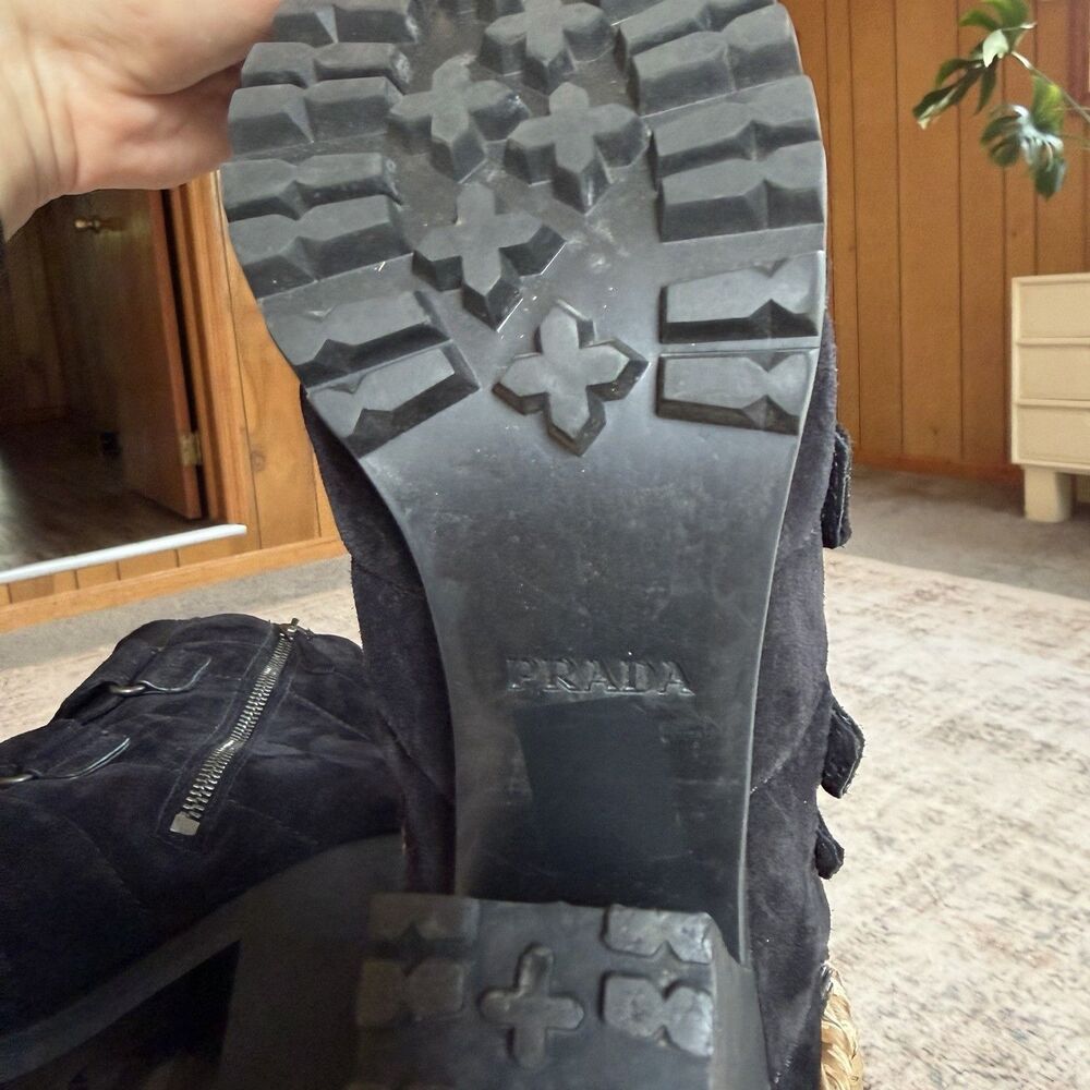 Vintage Prada Moto Boots Black Suede Buckle Strap Lug Sole Women Eu 40.5 - Picture 8 of 16